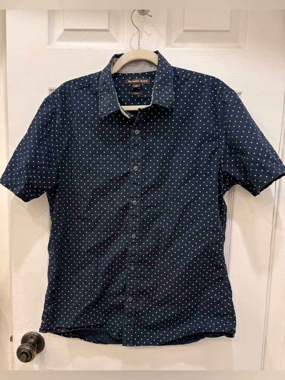 Michael Kors Navy Blue White Polka Dot Short Sleeve Button Up size L Slim Fit